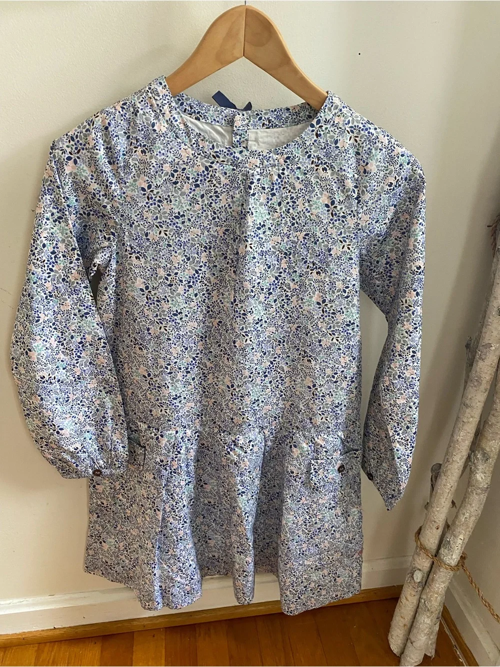 Girls Floral Long Sleeve Dress in Blue and Cream Jacadi Paris